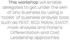 This workshop will enable delegates to get under the skin of any business by using a 'toolkit' of business analysis tools such as PEST, BCG Matrix, SWOT, mark analysis and Porter's Differentiation and Cost Leadership approaches.